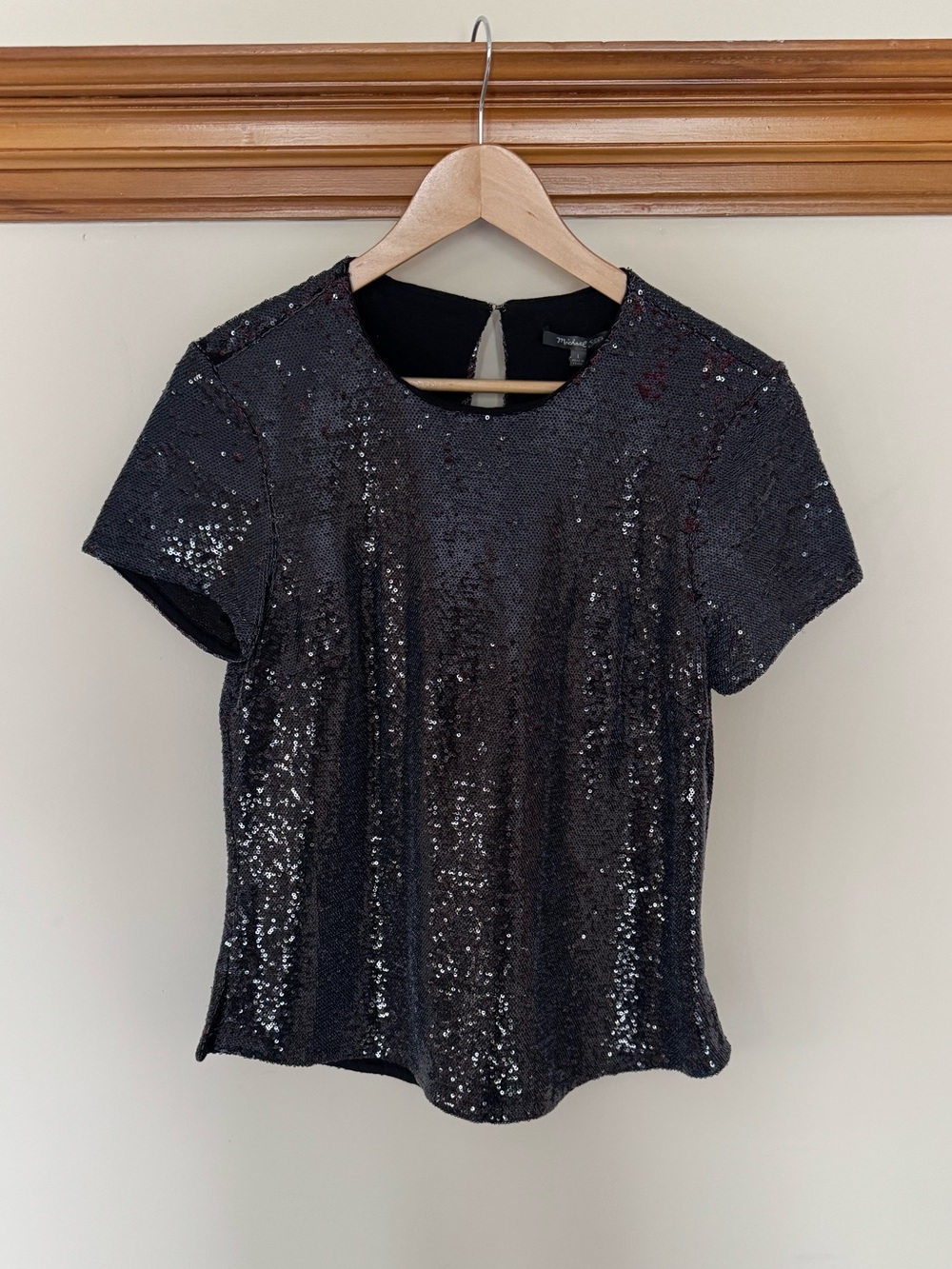 NWT Michael Stars Metallic Sequin Short Sleeve Top, Dark Gray / Crimson, M